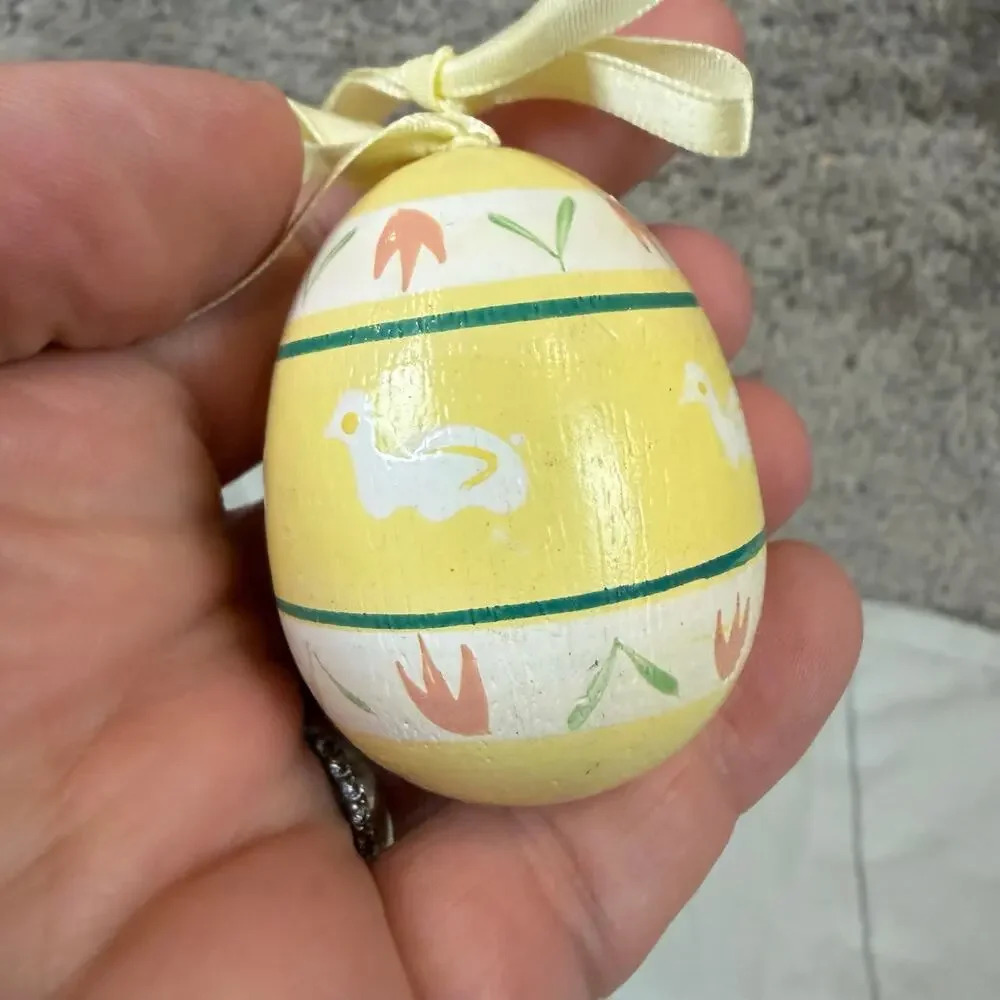 Vintage 80s Hand Decorated Wooden Easter Egg Ornament Yellow